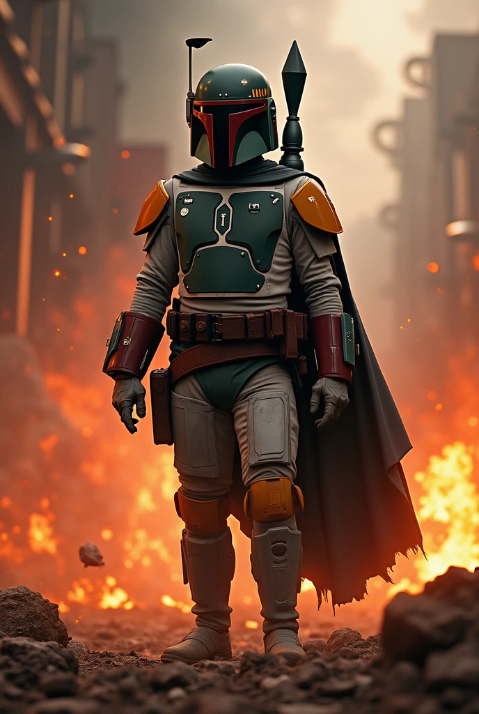 bobba fett's cinematographic shot cute realistic, surrounded by fire, seamless, epic, cinematographic, intricate details, awarded, Great lighting, shading, high quality, detailed, for children
