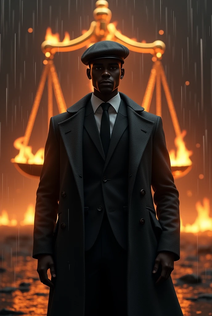 realistic animation. black male, with no face, with overcoat, Suit, beret and scales of justice in the background on fire. dark colors and golden fuck with rain