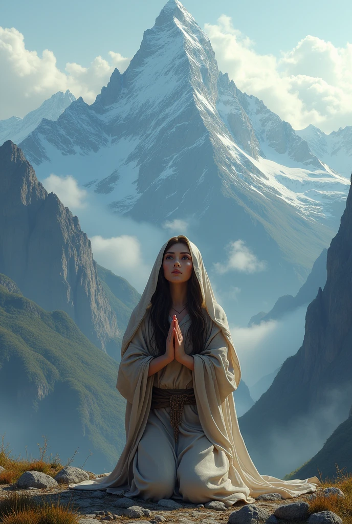Woman of European origin with long hair ,big brown eyes, big mouth , large nose, kneeling praying with her back to a mountain with a veil on her head covering her hair