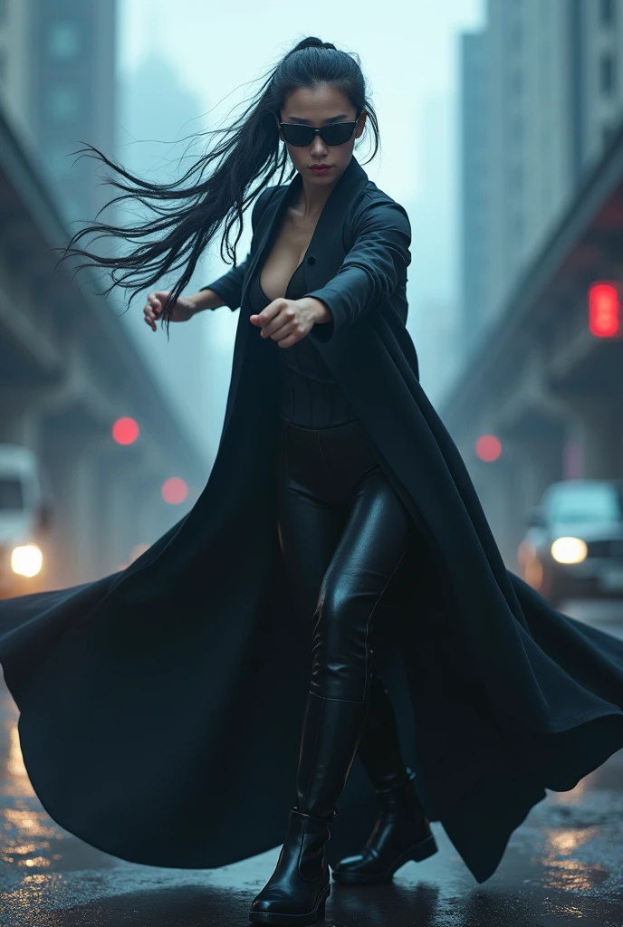 matrix trinity,kung fu,(masterpiece, Best Quality, High resolution, 32K HDR)), (Perfect portrait of trinity00:1.15), (black body suit:1.1, realistic Trinity sunglasses:1.1), Ultra detailed eyes, hyper derailed face, Detailed mouth, Detailed skin texture, (Atmospheric lighting), Shot with Aricum LT camera, ( on the highway:1.1, Huge breasts:1.15),