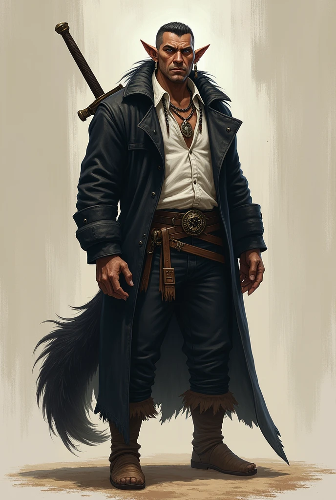 He is a tall indigenous man, 2 meters tall, with a square face and short dark hair and a beardless face with a smooth, clean-shaven face. His eyes are wolf-like and one of them is closed with pointy ears with earrings. He wears a dark black overcoat with a white shirt underneath and dark pants and has a strong physique with broad shoulders and chest and a large wolf tail. A large sword is strapped to his back. I would like the art in a fantasy RPG style. In the Old West
