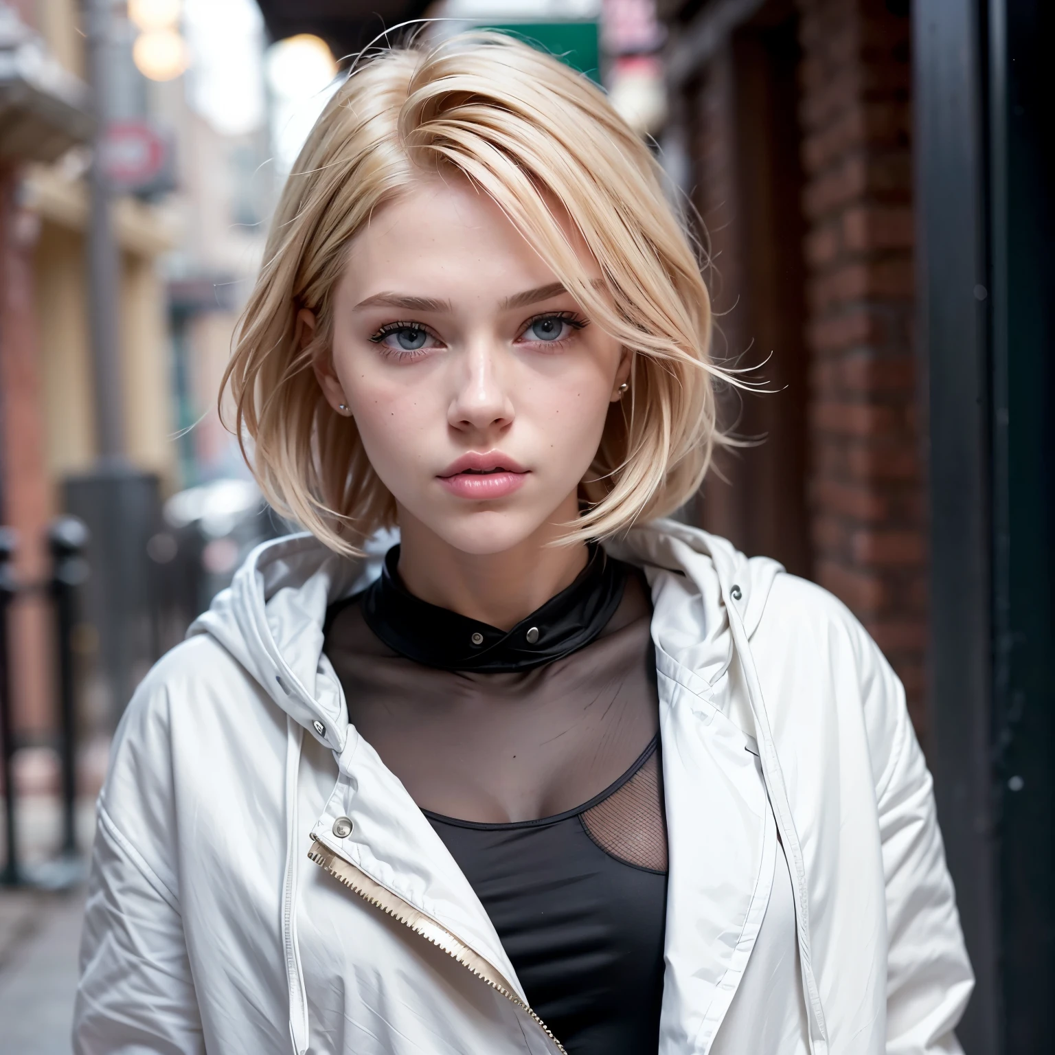 ((AlexiaThompson01R's face)) beautiful blonde girl. perfect blonde hair, short hair. hair falling over one eye, emo bangs. pink lips. perfect white skin. thin nose, thin chin. ((full body)) black hoodie. night, dark alley.