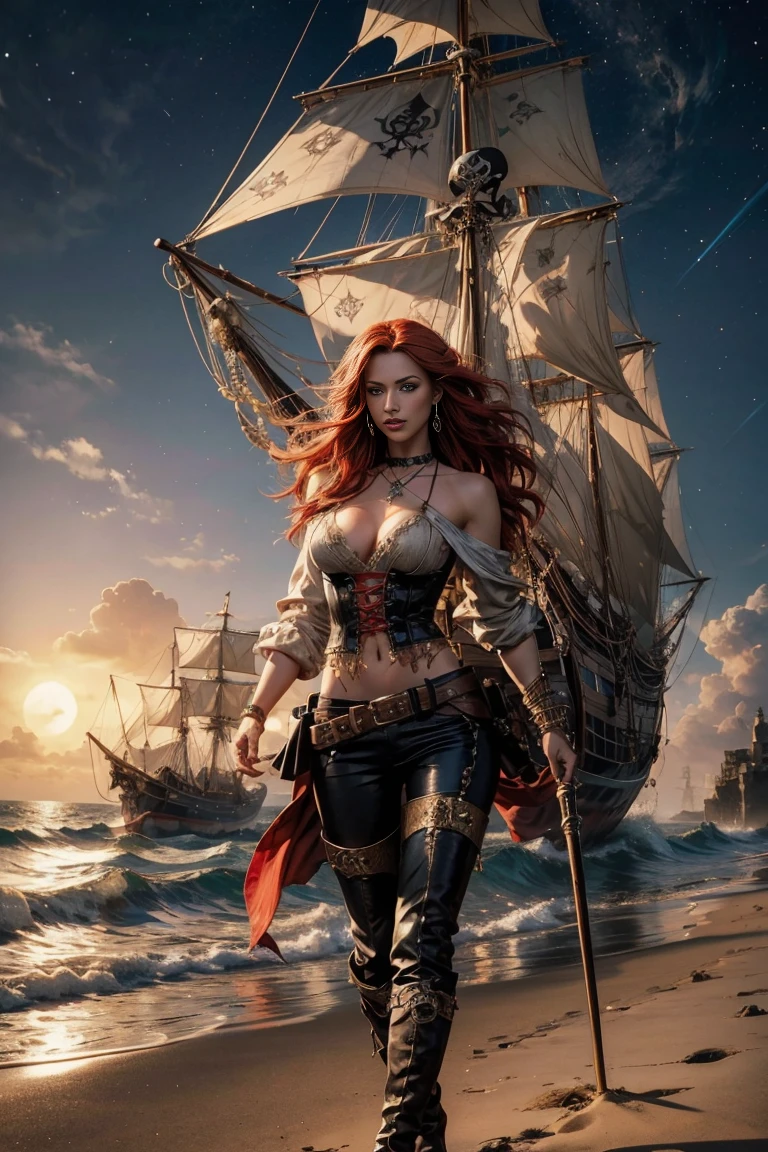 full body A woman with red hair and emerald eyes. She has an hourglass shape and poses dramatically.. He wears a flowing white pirate shirt that hangs low on his shoulders.. His pants are leather and tight, with seam on the side of the leg. He wears tall leather pirate boots. Your jewelry is gypsy style. he stands on the beach in the moonlight, a pirate ship with a mast in the distance, fog, smoke, a dramatic scene
