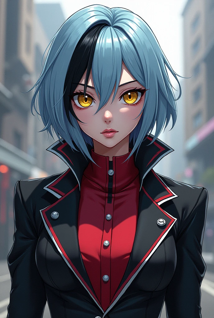 Create a female Bnha oc.
Light blue hair with a black streak, yellow eyes, black red white suit, White woman