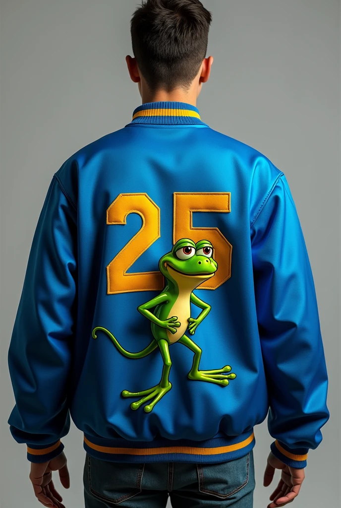 Create a realistic jacket on both sides of a blue prom jacket with the number 25 and Felix the Frog