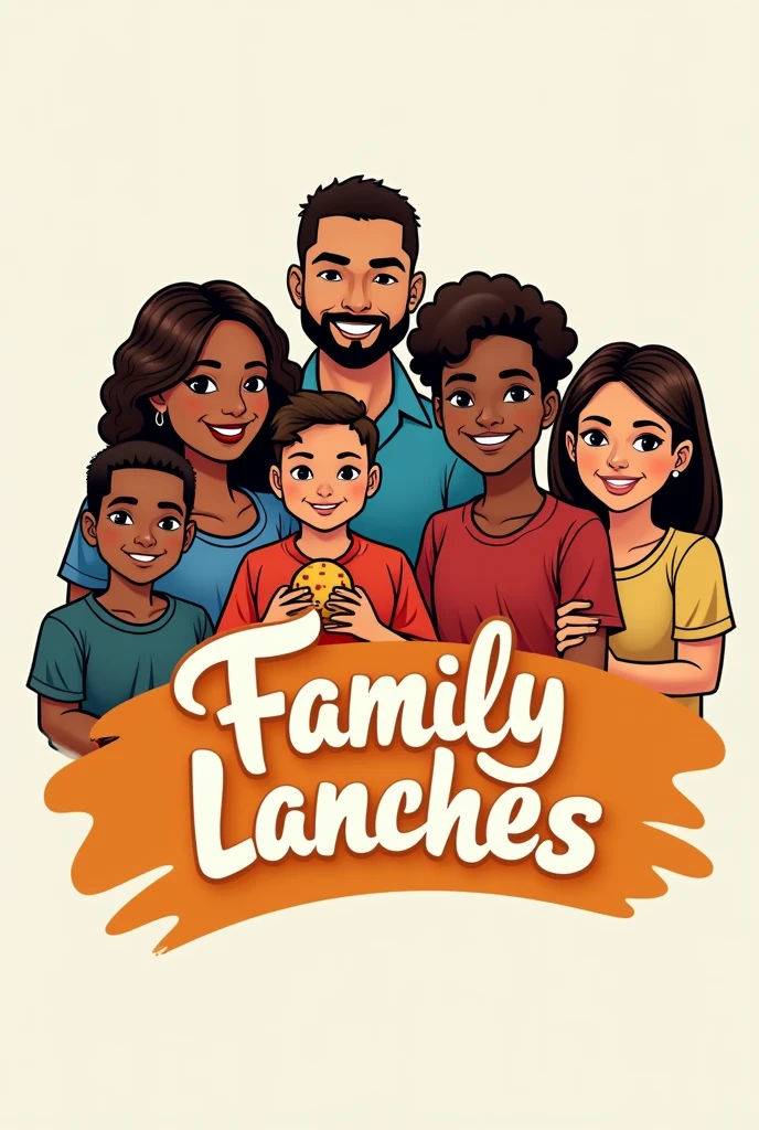 Create a logo for a snack bar, put 6 members with slightly dark skin, being 4 men, one man is a pastor and the other three are agers from the church and two women, one of the women is a child and the other woman is the mother and has to wear a skirt and no jewelry or earrings, put the name Family Lanches right in the middle to make it stand out