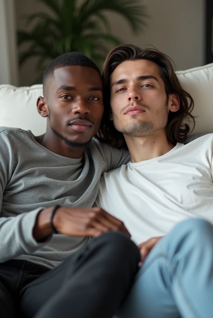 best qualityer:1.4), (ultra high resolution:1.2), (photorrealistic:1.4), (8k, CRU photo:1.2), a thin young man of 20 years old, skin black, corte de cabelo buzzcut. Thin arms without weight training. corte de cabelo buzzcut. with a smooth, beardless face, buzzcut haircut short on sides and top, is wearing black jeans. Gray long sleeve shirt. He is sitting on a white sofa in a living room. Buzzcut haircut with a little volume on top. Thin arms without weight training. Corte de cabelo buzzcut. There is another young man next to him. skin fair. sitting not sofa. Dark brown hair with volume. Long-sleeved white shirt. light jeans. He has his hand on the leg of the man next to him. Camera is focusing on their face. They are not hugging
