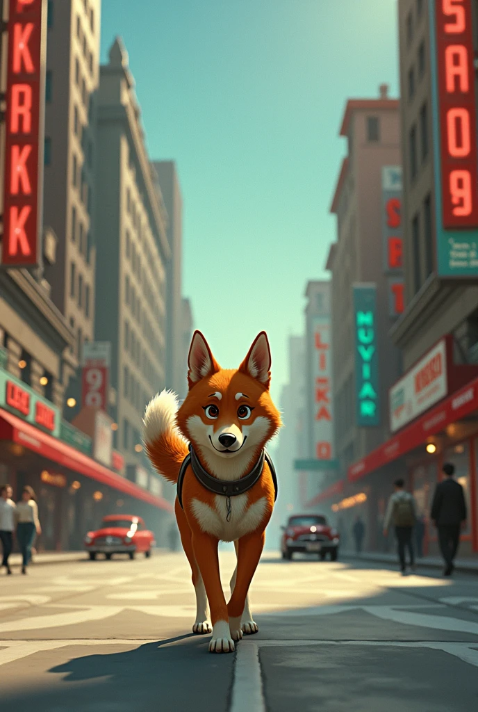 Create an animated image where you can see the dog Laika wandering in the street. I want the image to look like it&#39;s from another era, like in the year 1957.