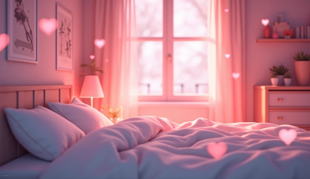 Background image, graphic CG digital art, bed with white sheets, table lamp, pink heat lights, warm soft light, no people, indoors, heart effects, 2.5D, delicate and dynamic, blurry