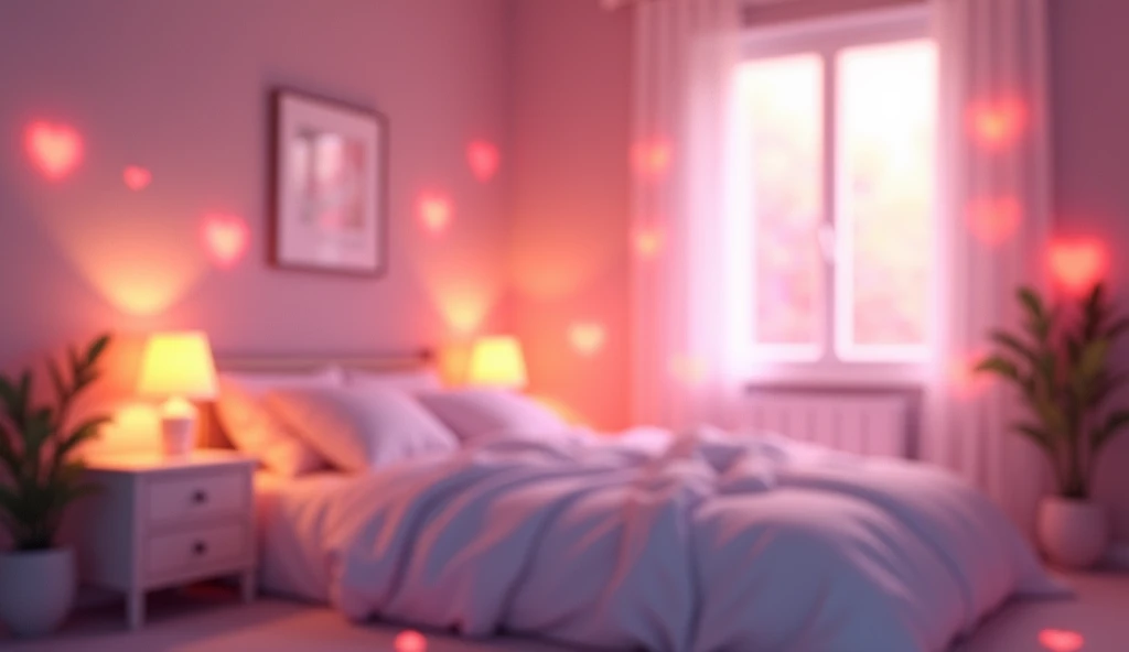 Background image, graphic CG digital art, bed with white sheets, table lamp, pink heat lights, warm soft light, no people, indoors, heart effects, 2.5D, delicate and dynamic, blurry 