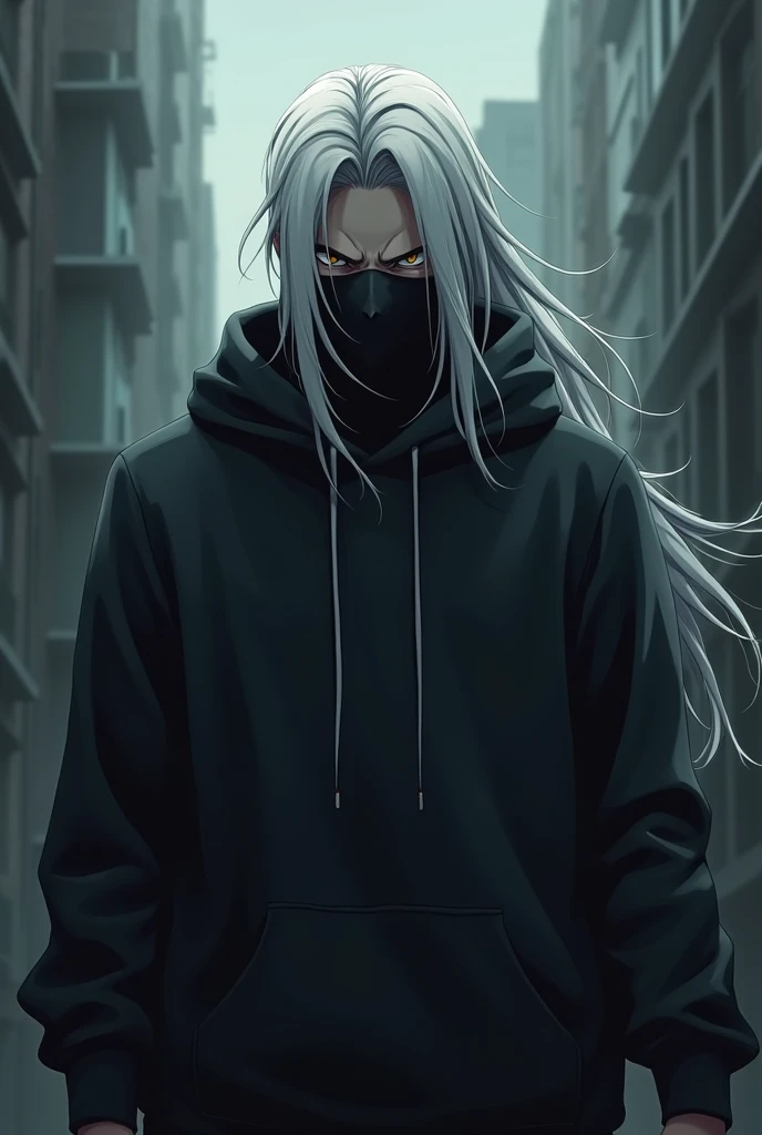 Intimidating anime guy with long white hair and a hoodie and a mask