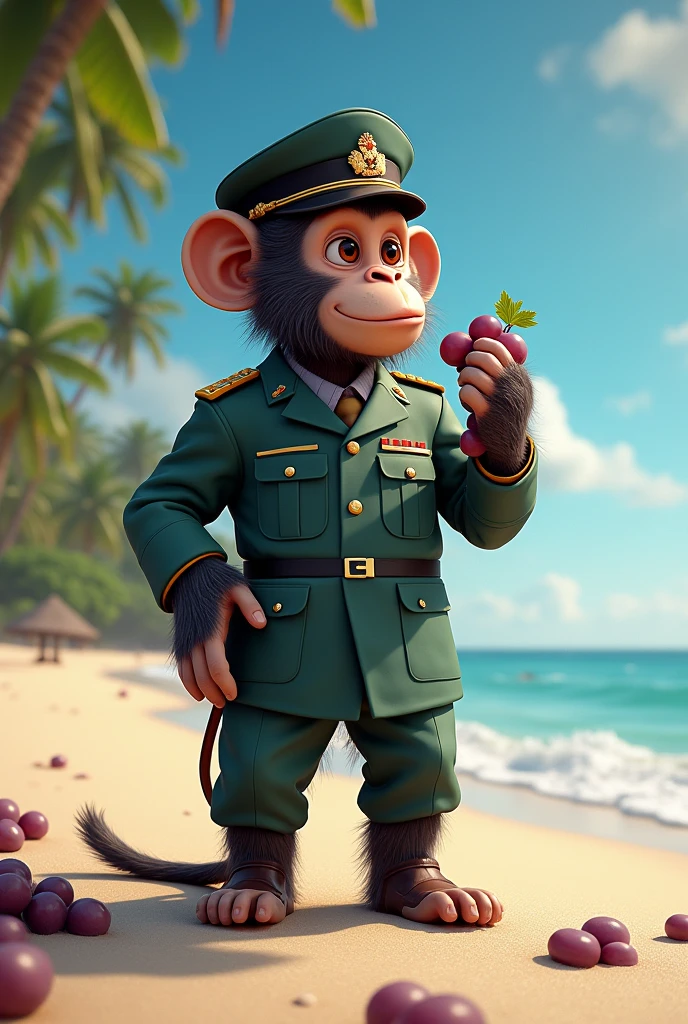 Monkey in army uniform on the beach eating grapes