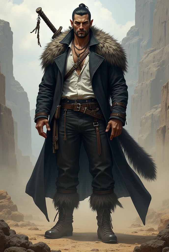 He is a tall indigenous man, 2 meters tall, with a square face and short dark hair and a beardless face with a smooth, clean-shaven face. His eyes are wolf-like and one of them is closed with pointy ears with earrings. He wears a dark black overcoat with a white shirt underneath and dark pants and has a strong physique with broad shoulders and chest and a large wolf tail. A large sword is strapped to his back. I would like the art in a fantasy RPG style. In the Old West