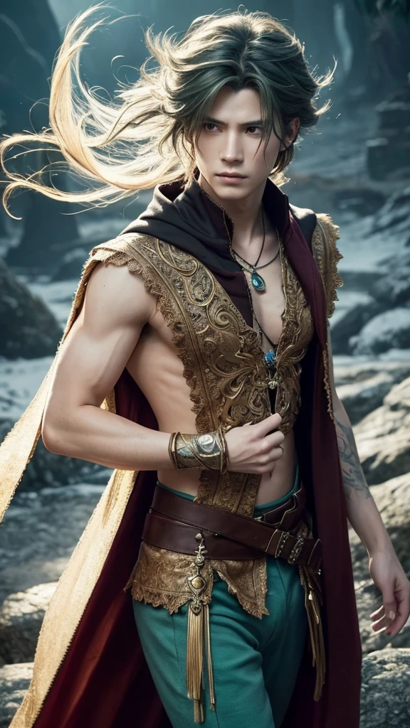 Create a live-action depiction of a gender-swapped version of Terra Branford from Final Fantasy VI. The character, now male, should retain Terra’s ethereal and mysterious aura, with an appearance that reflects his unique heritage as half-human and half-Esper. His hair should remain true to the original, a striking shade of green, slightly longer, and flowing in soft waves around his face and shoulders. The hair should have a somewhat wild and untamed look, symbolizing his connection to the Esper world.
His face should have a youthful and almost androgynous beauty, with delicate features and expressive eyes that convey a sense of inner turmoil and wonder. His build should be lean and athletic, reflecting both his combat prowess and his magical abilities.
His outfit should be a masculine reimagining of Terra’s original attire, with elements that emphasize his connection to magic and the Esper world. He should wear a fitted, sleeveless tunic or vest in deep shades of red or green, adorned with subtle patterns that hint at his magical nature. The tunic should be tailored to accentuate his form, with a high collar and intricate designs around the neckline and shoulders.
Over the tunic, he should wear a lightweight, flowing cloak or cape, in a matching color, that billows out behind him, adding to his ethereal presence. The lower half of his outfit should include fitted pants or leggings, in a complementary color, tucked into knee-high boots that are both practical and stylish.
Accessories should include a belt with a small, ornate dagger sheathed at his side, and perhaps a few magical charms or pendants that reflect his connection to the Esper world. The background should be set in a mystical, otherworldly landscape, such as a crystal cavern or a glowing forest, emphasizing his dual nature and the magical energy that surrounds him.
The overall image should capture Terra’s inner strength, vulnerability, and the mystery of his origins, with the gender swap adding a ne