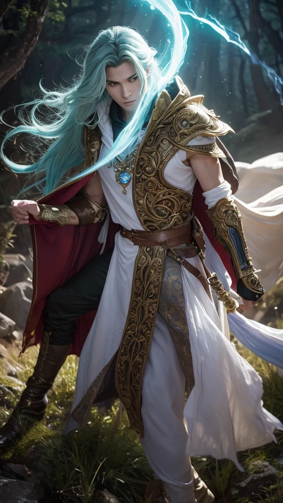 Create a live-action depiction of a gender-swapped version of Terra Branford from Final Fantasy VI. The character, now male, should retain Terra’s ethereal and mysterious aura, with an appearance that reflects his unique heritage as half-human and half-Esper. His hair should remain true to the original, a striking shade of green, slightly longer, and flowing in soft waves around his face and shoulders. The hair should have a somewhat wild and untamed look, symbolizing his connection to the Esper world.
His face should have a youthful and almost androgynous beauty, with delicate features and expressive eyes that convey a sense of inner turmoil and wonder. His build should be lean and athletic, reflecting both his combat prowess and his magical abilities.
His outfit should be a masculine reimagining of Terra’s original attire, with elements that emphasize his connection to magic and the Esper world. He should wear a fitted, sleeveless tunic or vest in deep shades of red or green, adorned with subtle patterns that hint at his magical nature. The tunic should be tailored to accentuate his form, with a high collar and intricate designs around the neckline and shoulders.
Over the tunic, he should wear a lightweight, flowing cloak or cape, in a matching color, that billows out behind him, adding to his ethereal presence. The lower half of his outfit should include fitted pants or leggings, in a complementary color, tucked into knee-high boots that are both practical and stylish.
Accessories should include a belt with a small, ornate dagger sheathed at his side, and perhaps a few magical charms or pendants that reflect his connection to the Esper world. The background should be set in a mystical, otherworldly landscape, such as a crystal cavern or a glowing forest, emphasizing his dual nature and the magical energy that surrounds him.
The overall image should capture Terra’s inner strength, vulnerability, and the mystery of his origins, with the gender swap adding a ne