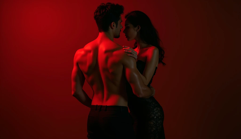 A sensual scene showing the back of a shirtless Italian man in profile, his muscular figure subtly highlighted by soft, dim red lighting. An Italian woman dressed in elegant black lace approaches him from behind, delicately and sensually caressing his back with her hands. The lace of her dress contrasts with his bare skin, creating a striking visual play. The intimate setting is bathed in warm, dim red light, casting deep shadows that highlight the contours of their bodies and the seductive tension of the moment.