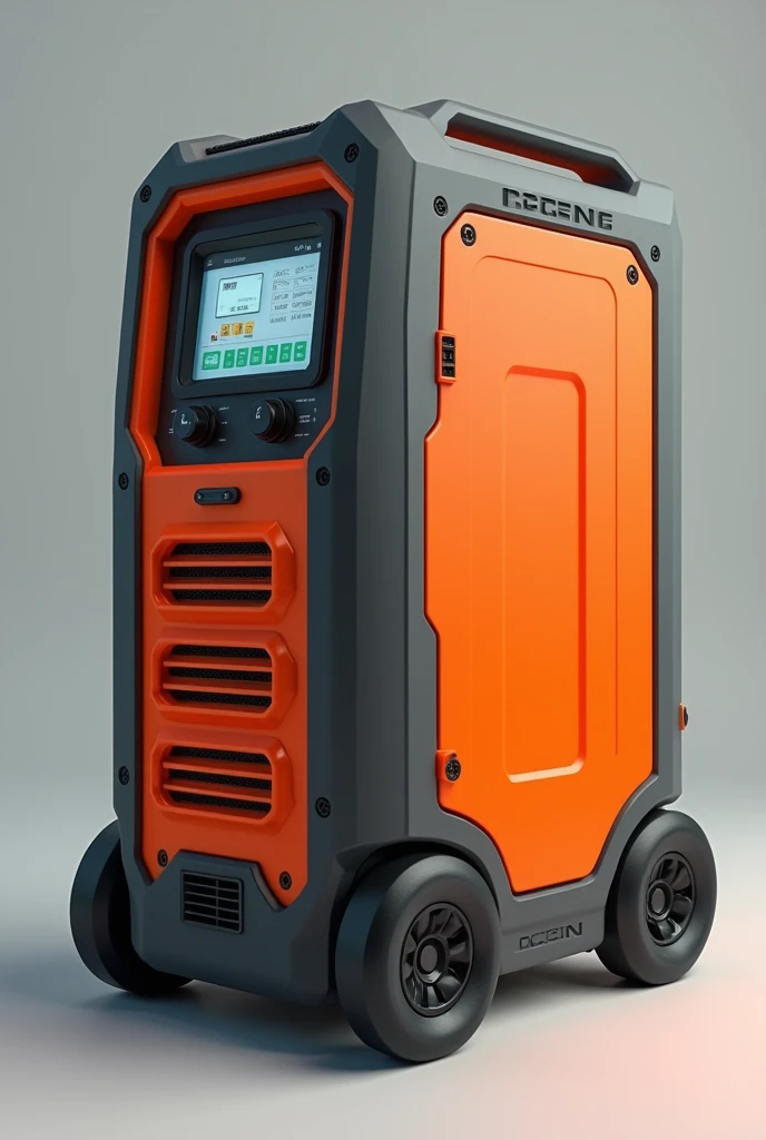 Portable power station : features is The color of the device should be orange and gray tones, with dimensions of h:55cm x d:35cm x w60cm,
3pcs AC inputs on the front, a square digital screen for control and 4pcs USB and 2pcs Type-C inputs.