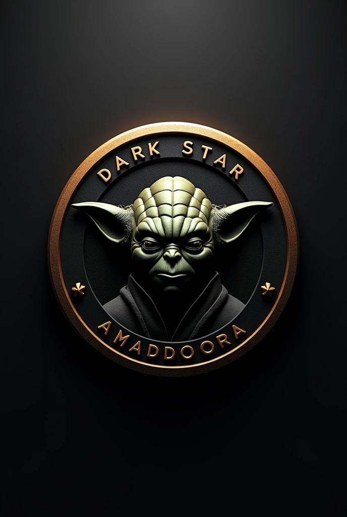 "Create a circular football shield in a modern style, using black and gold colors. Place an image of Yoda at the center of the shield, with a subtle and elegant style. Include the text 'Dark Star Liga Amadora' around the edge of the shield, and the initials 'DKS' prominently in the center, all in a contemporary font. The design should be sharp and in high-definition 4K."