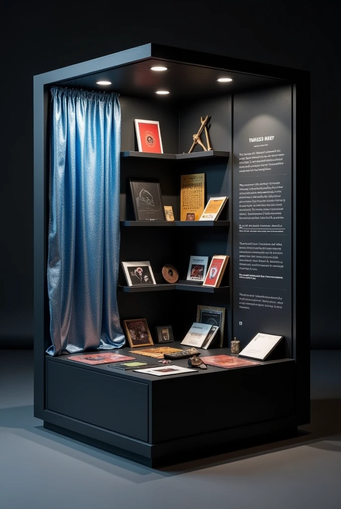 Create a stand in 3×3 format, with the walls all black, on one side a blue and silver metallic curtain with a row of CDs next to it, on the other side make a timeline about the sound and music and on the last wall leave it just black.

Make it in a simpler style, delicate but as if it were a child who had done it and with all the information previously passed on. Put all the information the way I said 