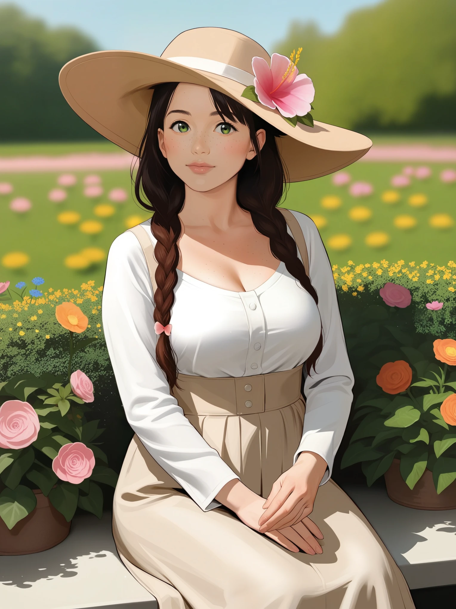 score_9, score_8_up, score_7_up, BREAK, rating_safe, zy_mirabel, 1girl, long hair, hat, flower, braid, freckles, hat flower, twin braids, large breasts, green eyes, sit, garden, realistic, photo, real hair, detailed skin, highly detailed, detailed skin, depth of field, film grain,animation, ikuchan