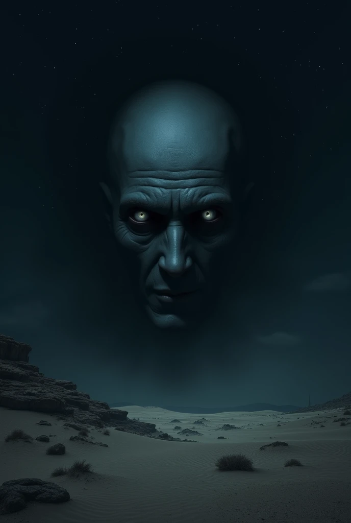 A scary and distant face, dimly lit in a desert at night