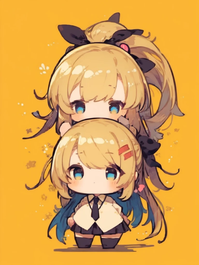 ((chibi)), big head, focus face, flat avatar, (masterpiece:1.2, highest quality), (Realistic, photoRealistic:1.4), Beautiful illustrations, (Natural Side Lighting, Cinema Lighting), Written boundary depth, Beautiful thighs staring at the viewer, 1 female, 20-year-old, alone, thin, slender, (small breasts), anime girl in a short red check skirt and Black blouse with formal collar ((yellow tie)), ((white sox)), yellow cardigan, ((Blue eyes)), Messy hair, High ponytail, hanayamata, single character full body, anime full body illustration, from girls frontline, full body single character, girls frontline style, anime vtuber full body model, render of april, full body with costume, full body illustration, visual novel sprite, fine details. girls frontline