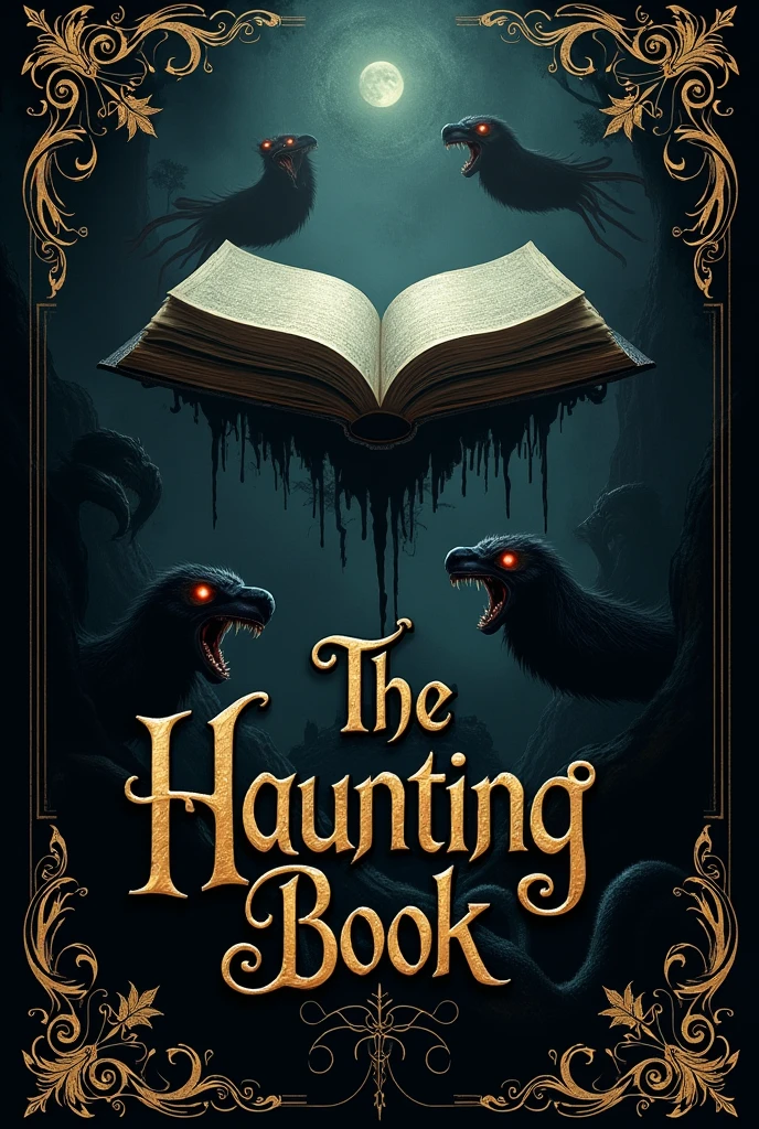 Let's imagine the book cover as being black with gold details.. In the center of the cover, there is a picture of an open book, with pages made of a dark and mysterious material. The book floats in a mysterious and dark background, with supernatural creatures emerging from the shadows around you. The title below the image says in gold letters: 'The Haunting Book'.