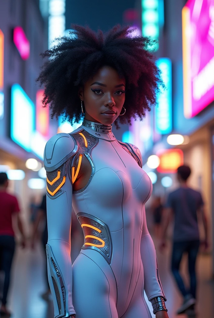 Here's the description with the character styled in a white Spider-Woman uniform:
"In a striking cyberpunk metropolis, a vivid portrait captures the woman as a stunning bionic figure, confidently posing for the camera in a bustling future marketplace. She wears a sleek white Spider-Woman uniform that hugs her form, accentuating her powerful stature while showcasing her intricately designed bionic enhancements—glowing circuitry visible beneath the elastic fabric, pulsing rhythmically with the neon lights surrounding her.
Her radiant skin glows under the kaleidoscope of colorful holographic displays advertising futuristic products and services, creating an electrifying backdrop that enhances her presence. Her afro hair, now interwoven with delicate filaments of light, frames her face beautifully as she gazes directly into the lens, her synthetic eyes brimming with confidence and allure, embodying both strength and elegance.
The air is charged with the sounds of lively conversations and the whir of drones delivering goods, but in this moment, she commands the scene, a captivating figure amid the vibrant chaos. A digital projection of upcoming tech innovations glimmers beside her, showcasing art and messages of social change that resonate deeply with her powerful presence.
(Radiant neon lighting, deep contrasts, and sharp details), 160-color support, filmed on ARRI ALEXA 65, creating an immersive experience that feels both surreal and breathtakingly real. Shot by Don McCullin, this image connects her striking bionic features, echoing those of Angelina Jolie, with the heart of a futuristic world, capturing a moment that’s as enchanting as it is transformative."
beauty, cyberpunk, bionic, futuristic, Spider-Woman, model, elegance, urban, glamour, fashion, stunning, radiant, neon, confident, striking, innovative, artistic, technological, sophisticated, captivating, immersive, gritty, cultural, portrait, beauty photography, professional model, avant-garde, urban landsc