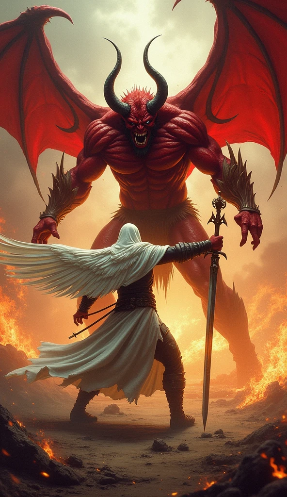 A horned demon with a muscular red body holding a staff is fighting with a sturdy man in a white robe and hood holding a sword and with wide wings of light in a fiery field and 