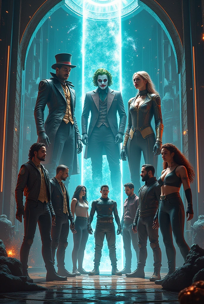 Make a POST Placing a portal/ time machine vertically in the middle and the characters below around the portal  (realisitic)
Mad Hatter Cyborg Joker Echo (Maya Lopez)
Jason Grace
Leo Valdez
Loki
Nico di Angelo
Piper McLean
Professor Xavier
Reyna Avila
Toph
Thor