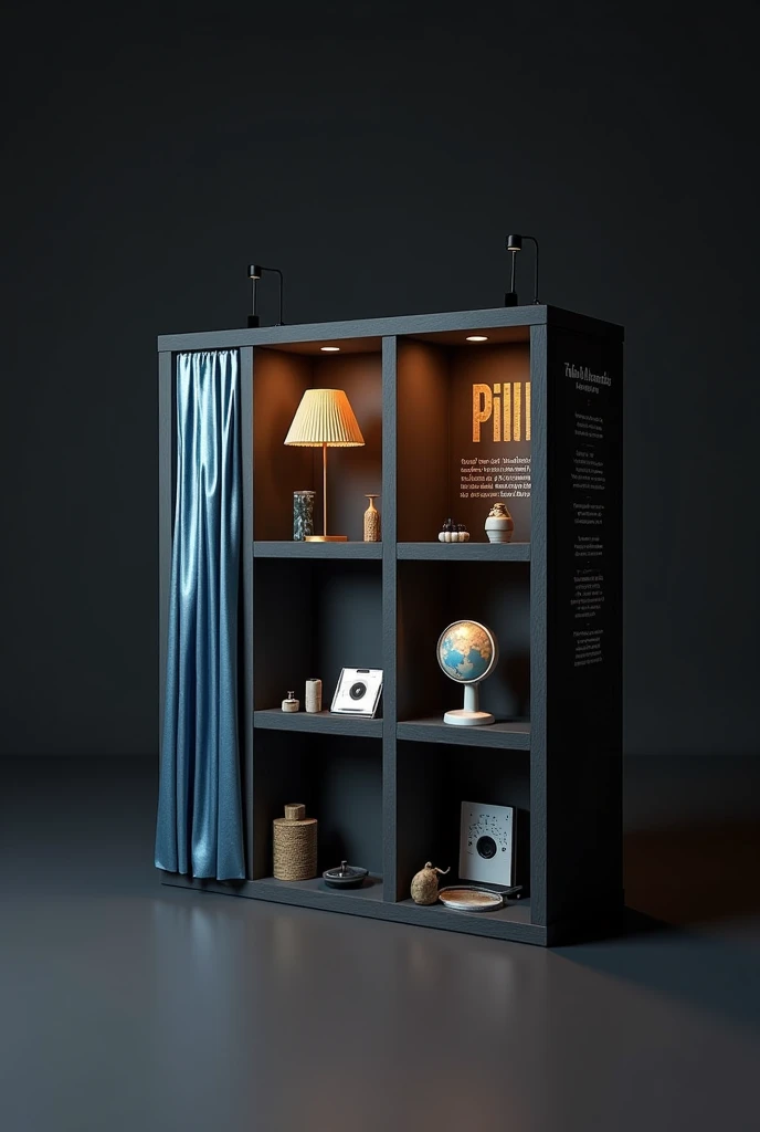 Create a stand in 3×3 format, with the walls all black, on one side a blue and silver metallic curtain with a row of CDs next to it, on the other side make a timeline about the sound and music and on the last wall leave it just black.

Make it in a simpler style, delicate but as if it were a child who had done it and with all the information previously passed on. Put all the information the way I said 