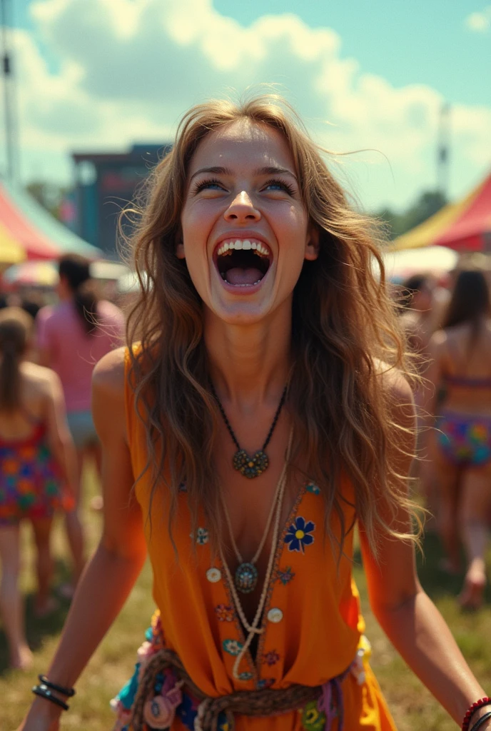 A yelling short hippie young woman  at Woodstock . Dressed in sexy hippie clothes.  Wide eyes