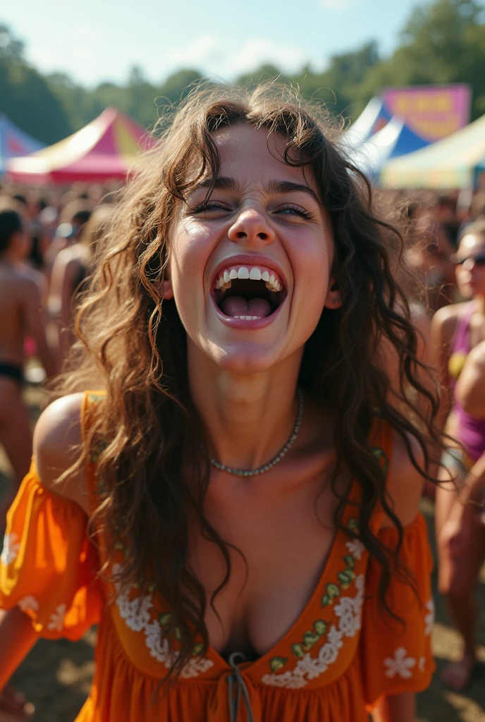 A yelling short hippie young woman at Woodstock . Dressed in sexy hippie clothes. Wide eyes