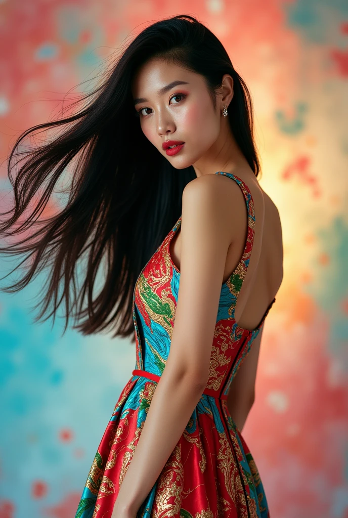 A high fashion magazine cover photo shoot. A beautiful Asian model stands elegantly against a vibrant white accented painterly multicolored background, wearing a colorful, satin gown with immaculate face-makeup. The dress features a mix of bold colors and patterns, accentuating the model's silhouette. Her long, dark hair billows dramatically to the side, creating a sense of movement, while her makeup is striking, with bold eye makeup and red lips. She gazes confidently over her shoulder.
