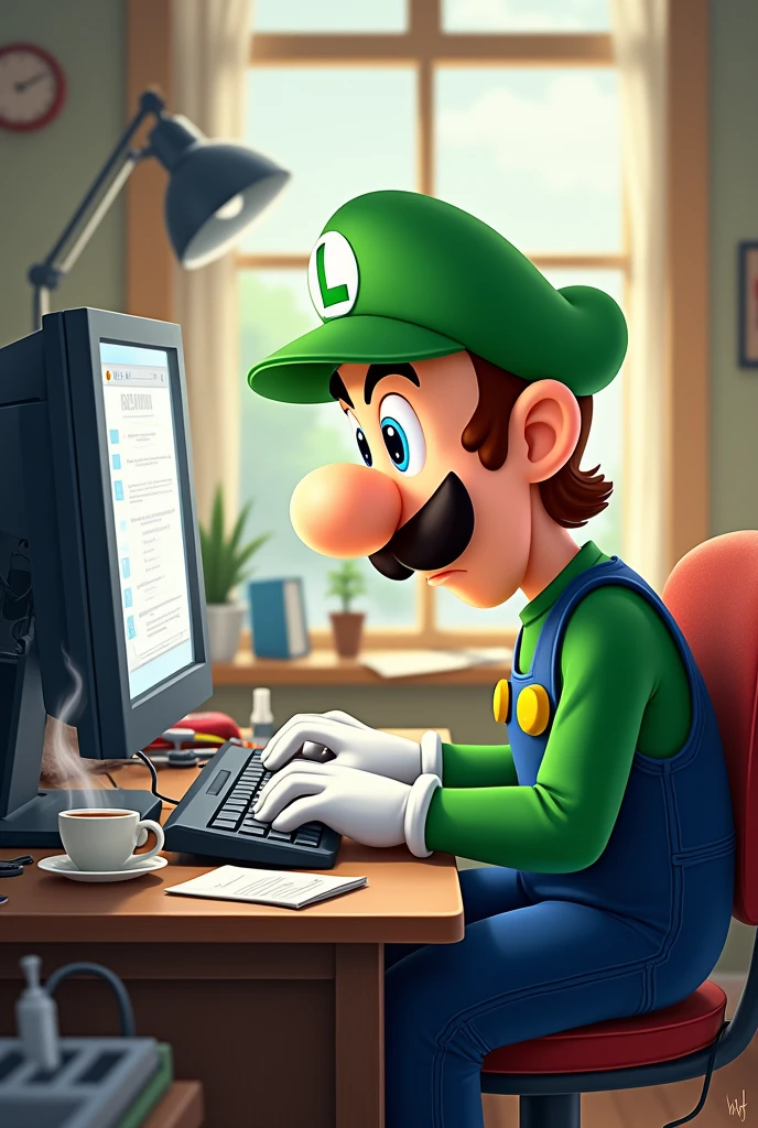 Luigi from Mario Bros working on a computer 