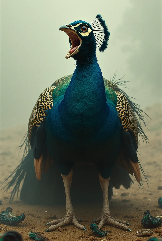 A plucked peacock screaming in fear