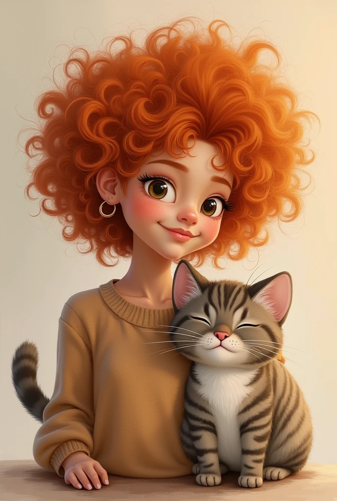 one with light brown skin, orange curly hair, and her brown-furred cat with gray stripes