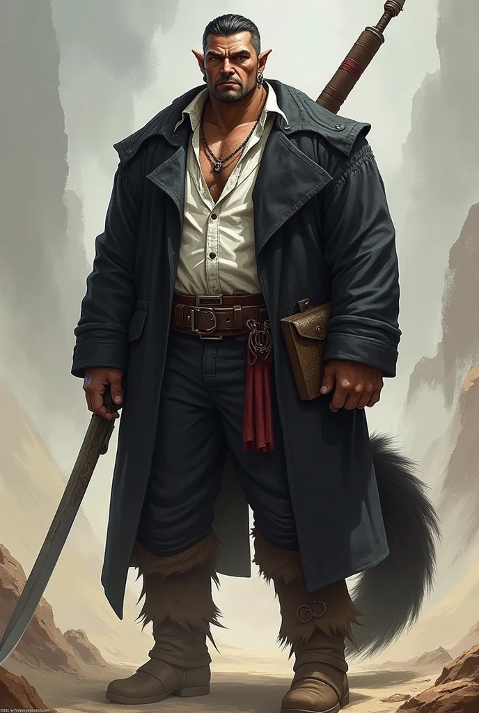 He is a tall indigenous man, 2 meters tall, with a square face and short dark hair and a beardless face with a smooth, clean-shaven face. His eyes are wolf-like and one of them is closed with pointy ears with earrings. He wears a dark black overcoat with a white shirt underneath and dark pants and has a strong physique with broad shoulders and chest and a large wolf tail. A large sword is strapped to his back. I would like the art in a fantasy RPG style. In the Old West