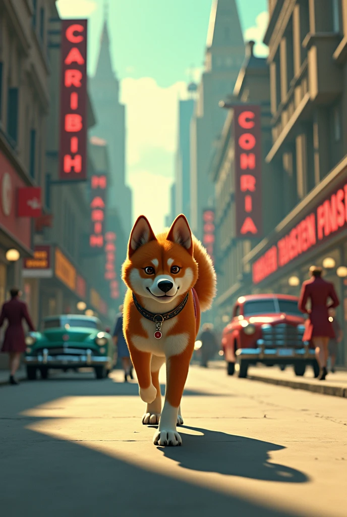 Create an animated image where you can see the dog Laika wandering in the street. I want the image to look like it's from another era, like in the year 1957.