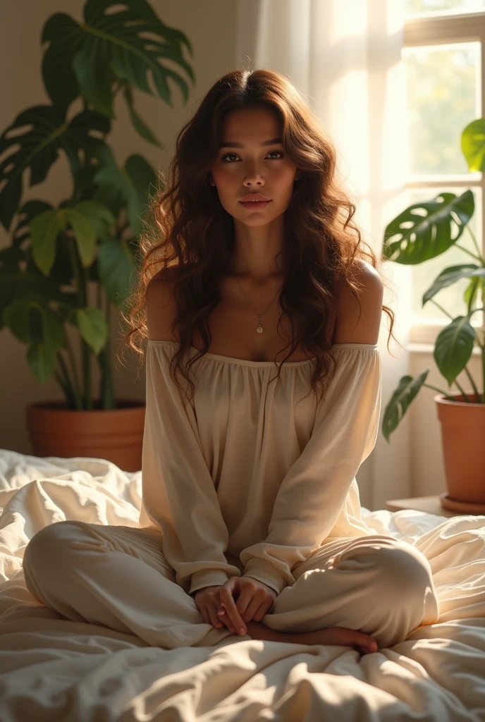 (photorealism:1.2), beautiful woman, sitting on bed, wearing loose off-shoulder top, pajama pants, long curly hair, indoors, soft lighting, plants in background, window with sunlight, cozy room, relaxed pose, realistic, intricate details, warm colors, by Greg Rutkowski, by Alphonse Mucha