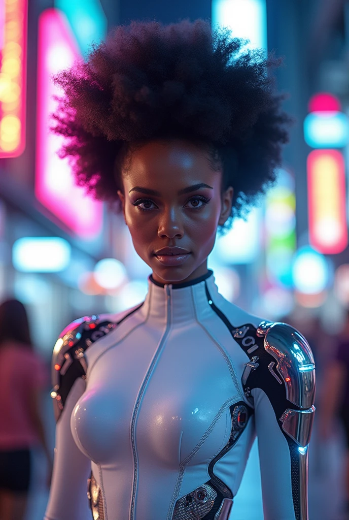 Here's the description with the character styled in a white Spider-Woman uniform:

"In a striking cyberpunk metropolis, a vivid portrait captures the woman as a stunning bionic figure, confidently posing for the camera in a bustling future marketplace. She wears a sleek white Spider-Woman uniform that hugs her form, accentuating her powerful stature while showcasing her intricately designed bionic enhancements—glowing circuitry visible beneath the elastic fabric, pulsing rhythmically with the neon lights surrounding her.

Her radiant skin glows under the kaleidoscope of colorful holographic displays advertising futuristic products and services, creating an electrifying backdrop that enhances her presence. Her afro hair, now interwoven with delicate filaments of light, frames her face beautifully as she gazes directly into the lens, her synthetic eyes brimming with confidence and allure, embodying both strength and elegance.

The air is charged with the sounds of lively conversations and the whir of drones delivering goods, but in this moment, she commands the scene, a captivating figure amid the vibrant chaos. A digital projection of upcoming tech innovations glimmers beside her, showcasing art and messages of social change that resonate deeply with her powerful presence.

(Radiant neon lighting, deep contrasts, and sharp details), 160-color support, filmed on ARRI ALEXA 65, creating an immersive experience that feels both surreal and breathtakingly real. Shot by Don McCullin, this image connects her striking bionic features, echoing those of Angelina Jolie, with the heart of a futuristic world, capturing a moment that’s as enchanting as it is transformative."

beauty, cyberpunk, bionic, futuristic, Spider-Woman, model, elegance, urban, glamour, fashion, stunning, radiant, neon, confident, striking, innovative, artistic, technological, sophisticated, captivating, immersive, gritty, cultural, portrait, beauty photography, professional model, avant-garde, urban landsc