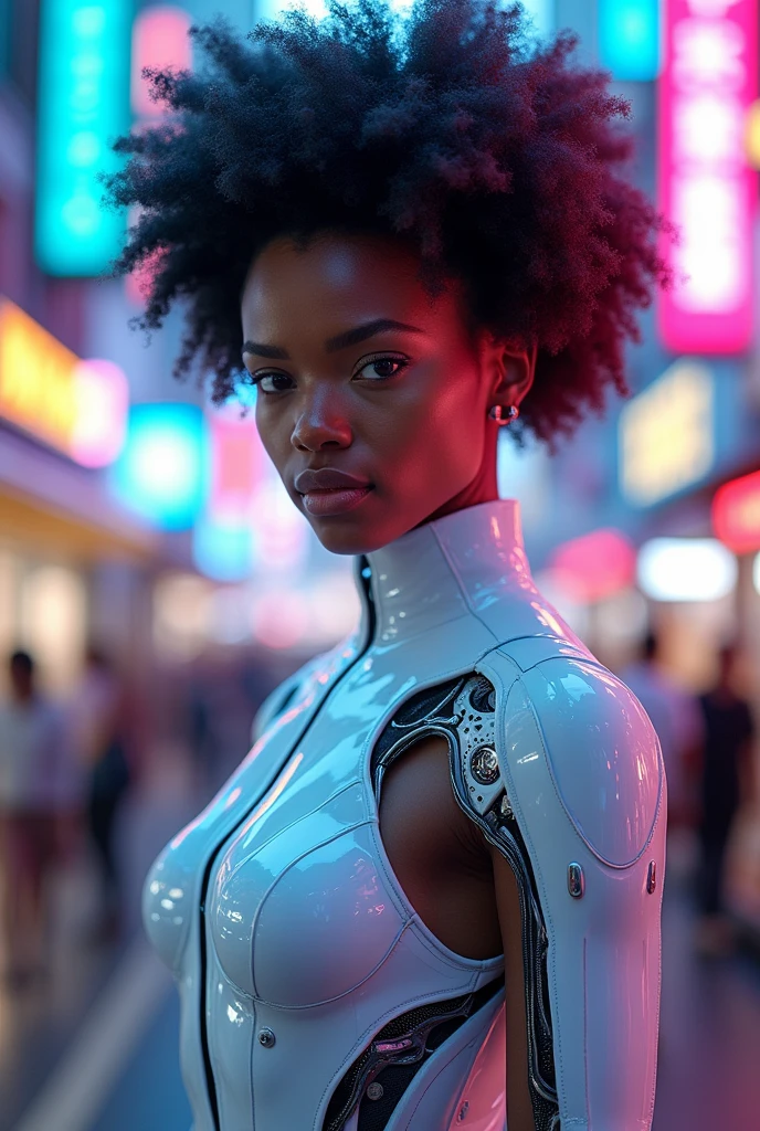 Here's the description with the character styled in a white Spider-Woman uniform:

"In a striking cyberpunk metropolis, a vivid portrait captures the woman as a stunning bionic figure, confidently posing for the camera in a bustling future marketplace. She wears a sleek white Spider-Woman uniform that hugs her form, accentuating her powerful stature while showcasing her intricately designed bionic enhancements—glowing circuitry visible beneath the elastic fabric, pulsing rhythmically with the neon lights surrounding her.

Her radiant skin glows under the kaleidoscope of colorful holographic displays advertising futuristic products and services, creating an electrifying backdrop that enhances her presence. Her afro hair, now interwoven with delicate filaments of light, frames her face beautifully as she gazes directly into the lens, her synthetic eyes brimming with confidence and allure, embodying both strength and elegance.

The air is charged with the sounds of lively conversations and the whir of drones delivering goods, but in this moment, she commands the scene, a captivating figure amid the vibrant chaos. A digital projection of upcoming tech innovations glimmers beside her, showcasing art and messages of social change that resonate deeply with her powerful presence.

(Radiant neon lighting, deep contrasts, and sharp details), 160-color support, filmed on ARRI ALEXA 65, creating an immersive experience that feels both surreal and breathtakingly real. Shot by Don McCullin, this image connects her striking bionic features, echoing those of Angelina Jolie, with the heart of a futuristic world, capturing a moment that’s as enchanting as it is transformative."

beauty, cyberpunk, bionic, futuristic, Spider-Woman, model, elegance, urban, glamour, fashion, stunning, radiant, neon, confident, striking, innovative, artistic, technological, sophisticated, captivating, immersive, gritty, cultural, portrait, beauty photography, professional model, avant-garde, urban landsc
