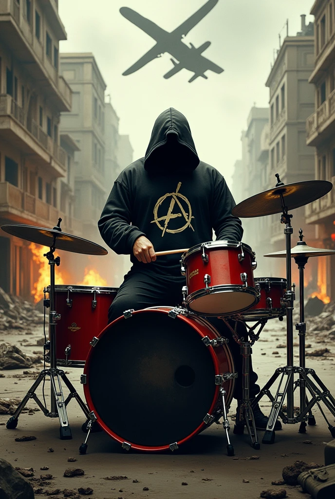 Drummer playing drums with two bass drums, two tone, at the end of the street, hooded dress black clothing printed with anarchy symbol, hidden face, kind of fat, at the end of the street da cidade devastada da guerra durante a noite, fire and smoke, warplane crossing the sky, bodies of dead soldiers lying on the ground 