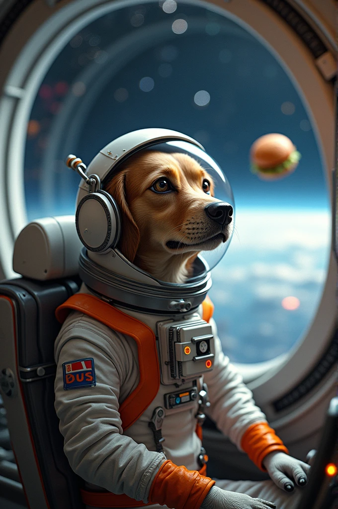 Some astronaut dog that is in space inside his ship and there is a hamburger behind him