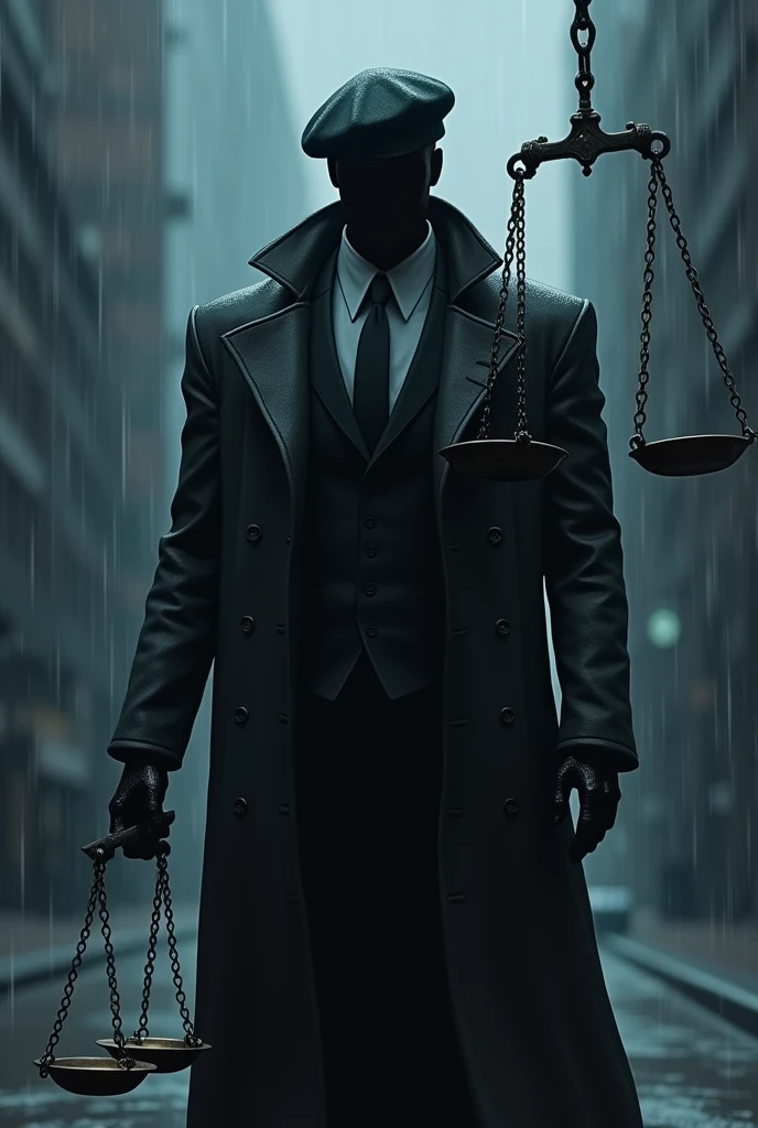 realistic animation. black male, with no face, with overcoat, Suit, beret and scales of justice. dark colors and aura cool with rain super powers

