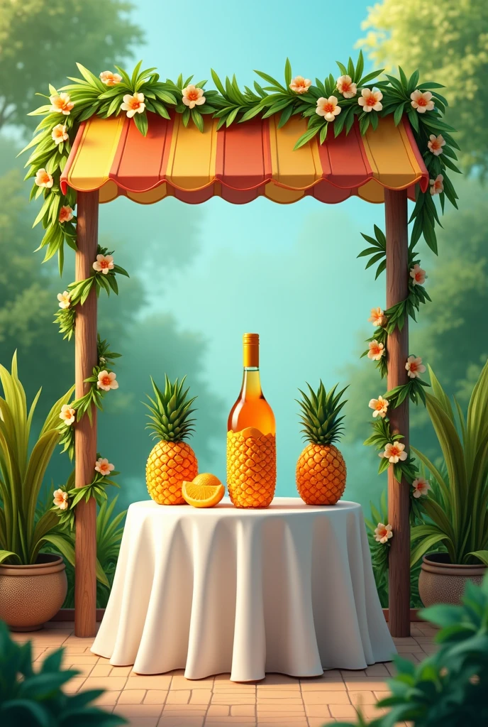 Spawn a Pineapple Wine Stan and on each side of the Pineapple Wine bottle have a pineapple, and that the table where it is placed is square with a white tablecloth with a kind of awning on the top of the table that has the top decorated with palm leaves and on the tubes that support the awning have vines with flowers