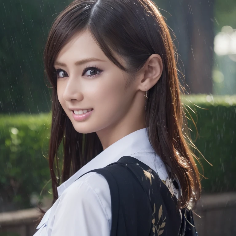there is a woman with gigantic breast in a school uniform standing in the rain, wet shirt, see through, black bra, pretty girl standing in the rain, after rain and no girls, raining, girl wearing uniform, in the rain, anime thai girl, raining award winning photo, school girl, just after rain, raining!, at evening during rain, wet from rain, rainy wet, raining portrait, beautiful and smiling, masterpiece, best quality:1.2),,(8k,highres,RAW photo,realistic,photo-realistic:1.3),(detailed skin texture,detailed cloth texture,beautiful detailed face:1.25),professional lighting,photon mapping,beautiful soft light,radiosity,physically-based rendering,raytracing, model shoot style, model shoot style, (extremely detailed CG unity 8k wallpaper), full shot body photo of the most beautiful artwork in the world,