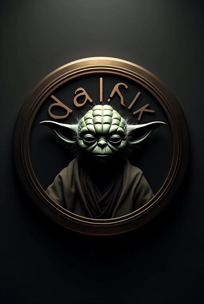 "Create a circular football shield in a modern style, using black and gold colors. Place an image of Yoda at the center of the shield, with a subtle and elegant style. Include the text 'Dark Star Liga Amadora' around the edge of the shield, and the initials 'DKS' prominently in the center, all in a contemporary font. The design should be sharp and in high-definition 4K."