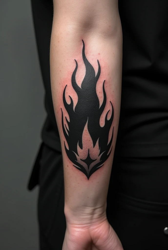 Arm of a young adult with a flame tattoo like Chester Bennington's, Although, instead of colored flames, do it only with black color, adapting the tones so that it is similar to Chester Bennington's.