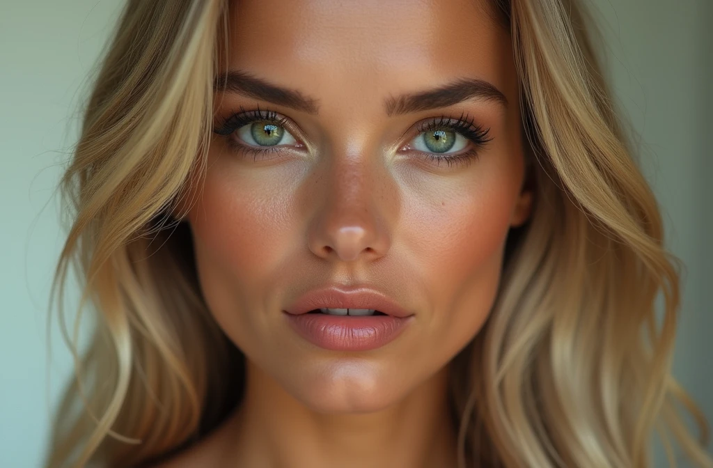 blonder woman, clear green eyes, sexy mouth